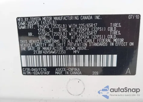 2010 Toyota Rav4 z USA, uszkodzony, nr VIN 2T3BF4DV9AW072350